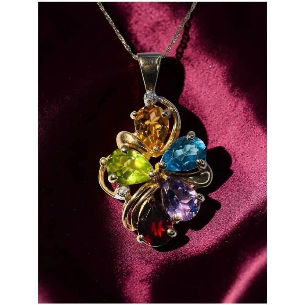 VINTAGE- 10K Gold -Multicolor Necklace -19" Natural Citrine Garnet Amethyst -3g